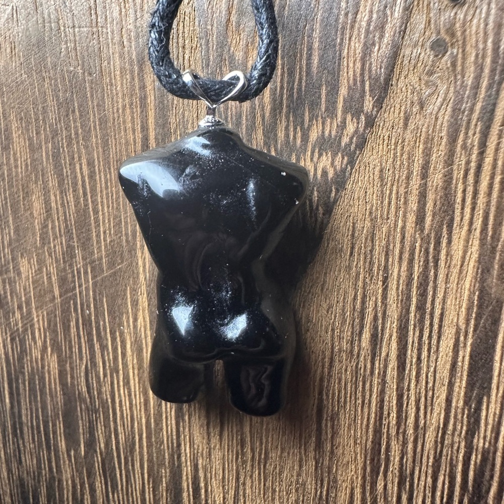 Black Obsidian Male Body Pendant Necklace on Black Rope, Sterling Silver Clasp - Picture 2 of 10